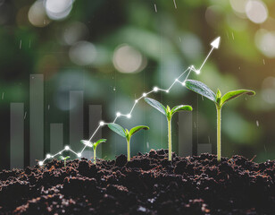 Growing seedlings in soil with overlay of rising bar graph and upward trending line chart
