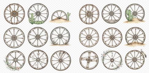 Collection of various old wooden wagon wheels with different designs and textures. © studio