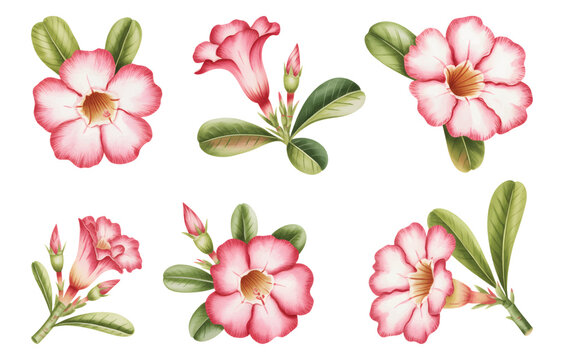 Desert rose watercolor blossoms with hand-painted botanical. Adenium floral watercolor set soft pink petals and natural leaves.