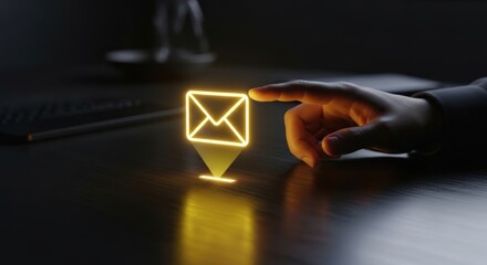 Professional hand touching bright glowing virtual email envelope icon projected on dark wooden surface, for digital communication, instant messaging, networking, modern business contact