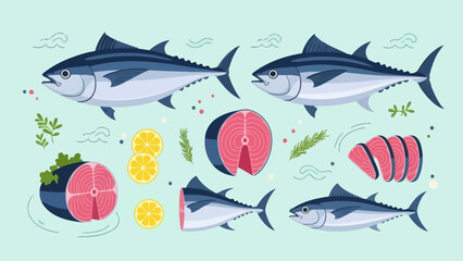 Freshly Caught Fish with Lemon Slices and Sashimi Pieces Illustration