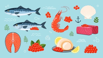 Colorful Ocean Food and Marine Life Illustration Featuring Fish Shrimp and