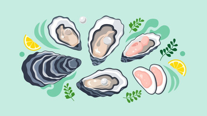 Delicious Fresh Oysters and Seafood with Lemon and Green Garnishes