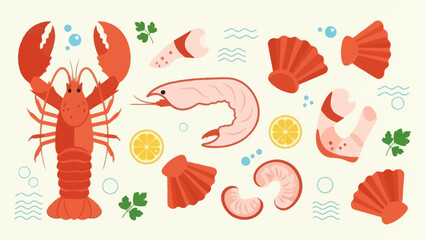 Colorful seafood and shellfish assortment with lemon and greenery