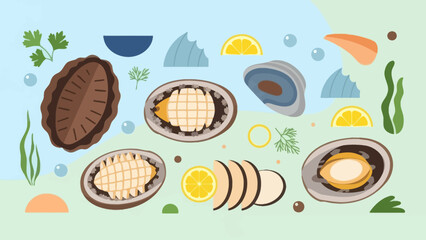 Assorted Fresh Seafood and Shellfish Varieties Arranged on a Light Blue Surface