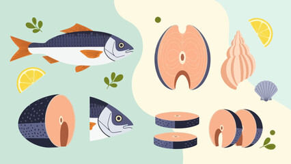 Assorted seafood illustration with fish, shells, and citrus slices for