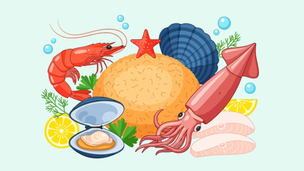 Seafood platter with lobster shrimp oysters clam squid lemon and garnishes in