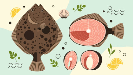 Whimsical Illustration of Various Fish Species with Fresh Vegetation and Lemon