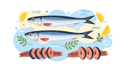 Fresh fish with lemon slices and vegetables arranged for cooking or serving