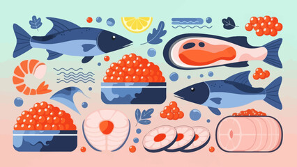 Colorful Illustration of Fresh Seafood and Seafood Dishes with Seafood