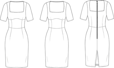 Fitted short-sleeved dress technical fashion sketch, front, side, back views, square neckline, princess seams, back slit, garment construction vector © LITON