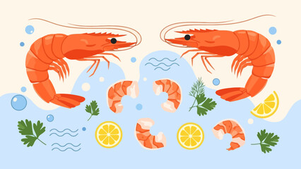 Fresh Seafood Lobster and Shrimp with Lemon and Herbs Illustration