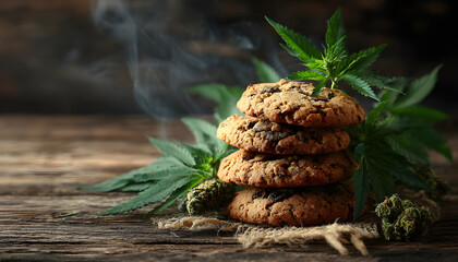 Marijuana cannabis topic concept. cannabisinfused cookies with cannabis leaf garnish on a rustic wooden surface.