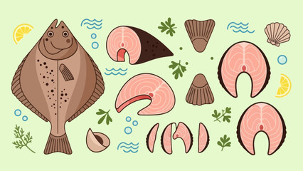 Illustration of Fresh Fish and Seafood Ingredients for Culinary Preparation