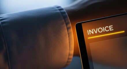 Businessman checking digital invoice displayed on glowing tablet screen, for modern electronic billing, financial accountability, efficient payment processing, comprehensive bookkeeping