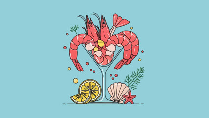 Creative Illustration of a Shrimp Cocktail with Lemon and Shell accents for