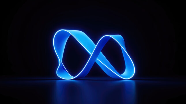 Abstract blue neon light ribbon forming an infinite loop, glowing in darkness, representing continuity, connection, and futuristic elegance.