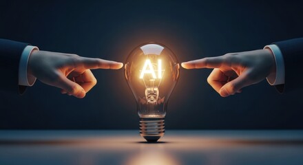 Business hands pointing toward glowing light bulb with ai acronym displayed inside, for ignition artificial intelligence ideas, technological innovation, collaborative digital solutions for