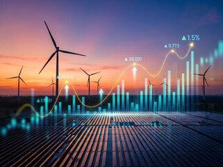 Wind Turbines and Solar Panels with Financial Growth Charts at Sunset windturbines