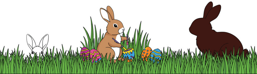 Cute Easter Bunny Hunting Colorful Eggs in Grass with Rabbit Silhouettes in Festive Cartoon Vector Illustration