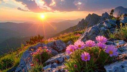 Sunset over mountain range with wildflowers and sunlight scenic nature landscape