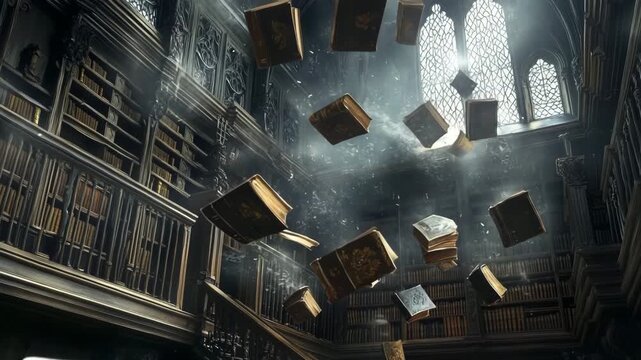 Mystical library filled with flying books creating an atmosphere of mystery