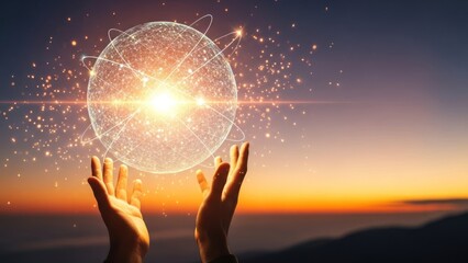 Hands holding glowing digital network sphere against sunset sky