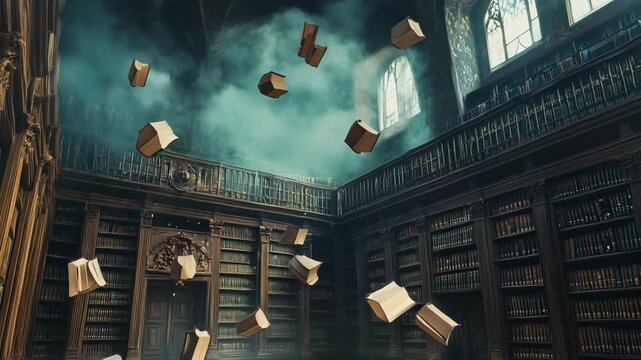 Mystical library filled with flying books creating an atmosphere of mystery
