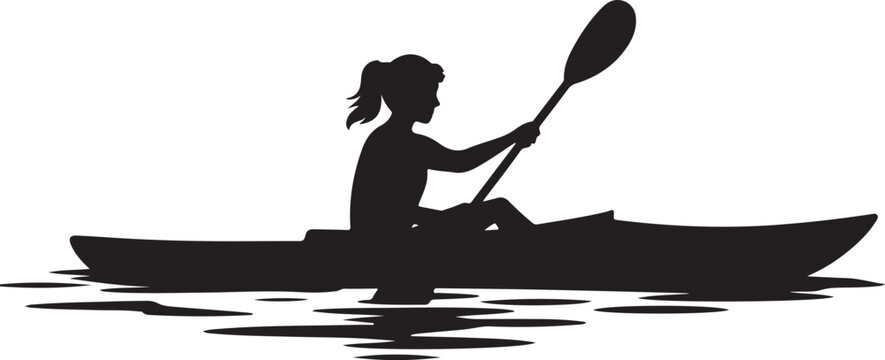 Woman kayaking on calm water solo paddle adventure silhouette vector 
