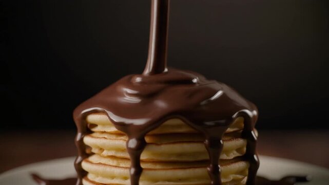 Delicious Golden Stack of Fresh Fluffy Pancakes Drenched with Rich Decadent Melted Liquid Chocolate Syrup