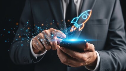 Businessman launching digital rocket from glowing smartphone interface.