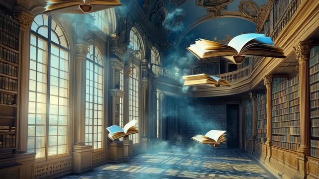 Mystical library filled with flying books creating an atmosphere of mystery