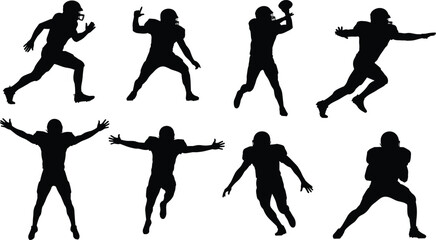 American football player silhouettes in dynamic action poses, professional sports illustration set, athletic movement, competition energy, isolated on white background