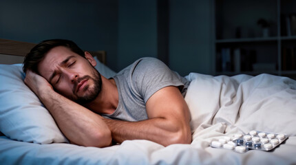 A Distressed Man Suffering from Insomnia and Midlife Crisis Lies Sleepless in Bed, Highlighting Mental Health Struggles and Worry