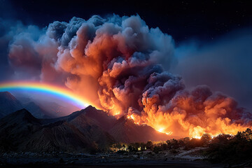 Fototapeta premium Volcanic eruption with rainbow at night