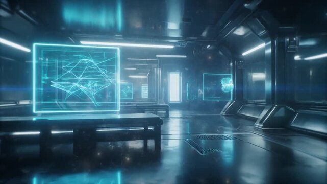 Futuristic spaceship laboratory interior with glowing digital holographic interface screens and blue neon lights in a deep space setting