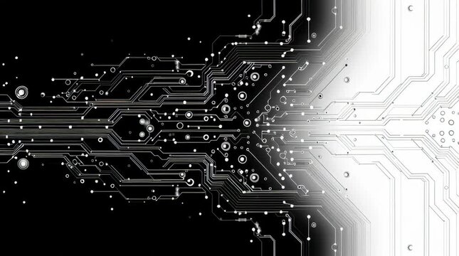 Abstract image of a circuit board, split between black and white background. The intricate design symbolizes the fusion of technology.