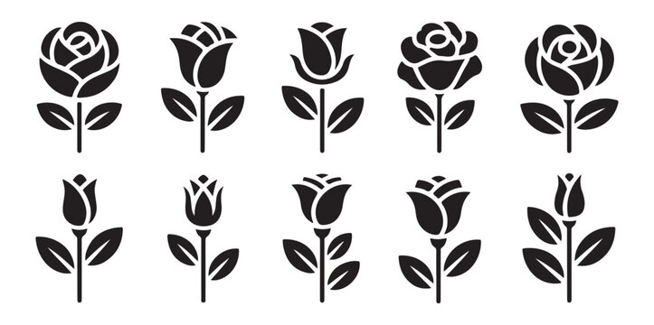Set of ten stylized rose flower icons with thick outlines and leaves vector illustration on white background