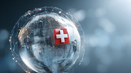 A conceptual web banner for World Health Day featuring a glowing cross and Earth. Healthcare, medicine, global healthcare.