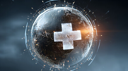 A conceptual web banner for World Health Day featuring a glowing cross and Earth. Healthcare, medicine, global healthcare.