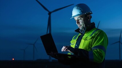 Male Engineer in Hard Hat and High-Visibility Jacket Using Laptop at a Wind Farm During Twilight, Monitoring Renewable Energy Production - Powered by Adobe