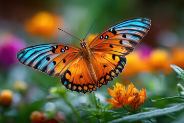 Obraz premium Vivid Orange and Blue Butterfly with Open Wings in a Colorful Flower Garden
