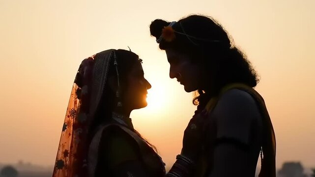 Silhouette of Lord Krishna and Radha gazing at each other during sunset.