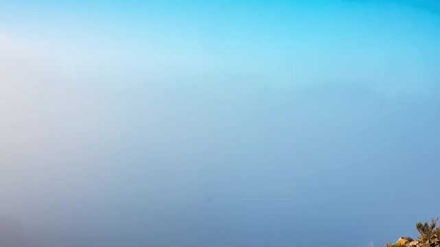 Aerial view shows Pico do Arieiro in Madeira as fog rolls and thins. A drone pan reveals rocky spires, pale blue sky, and early morning light with scrubby foreground.
