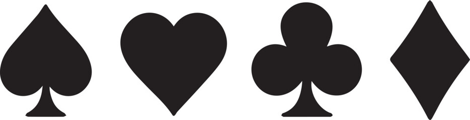 Four playing card suit symbols, classic gaming icon black and white vector illustration