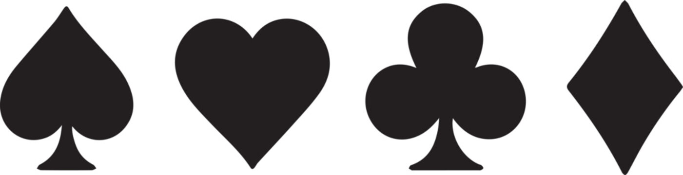 Four playing card suit symbols, classic gaming icon black and white vector illustration
