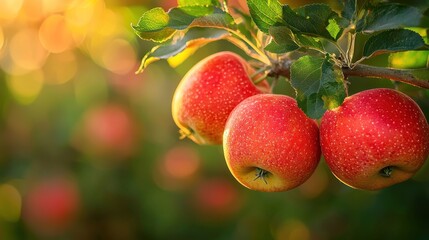 Obraz premium Red apples on a branch with sunlight