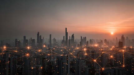 Urban sunrise futuristic cityscape digital connectivity skyline view technology integration a world of infinite possibilities