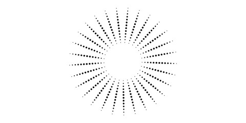 Radial halftone dots in Circle Form. Dotted fireworks explosion background. Starburst round Logo. Circular Design element. Abstract Geometric star rays.