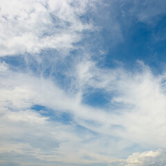 Scenic cloudscape featuring dense white clouds at horizon and wispy patterns above in natural daylight setting